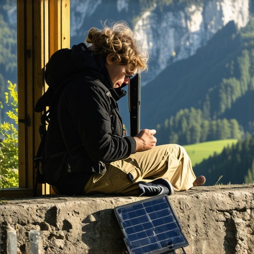 A hiker charging devices with a solar panel amidst Balkan scenic landscape